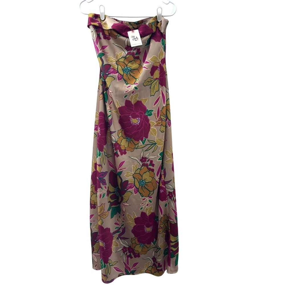 Sincerely Jules Floral Strapless Maxi Dress Tan Magenta Gold Large New Silky